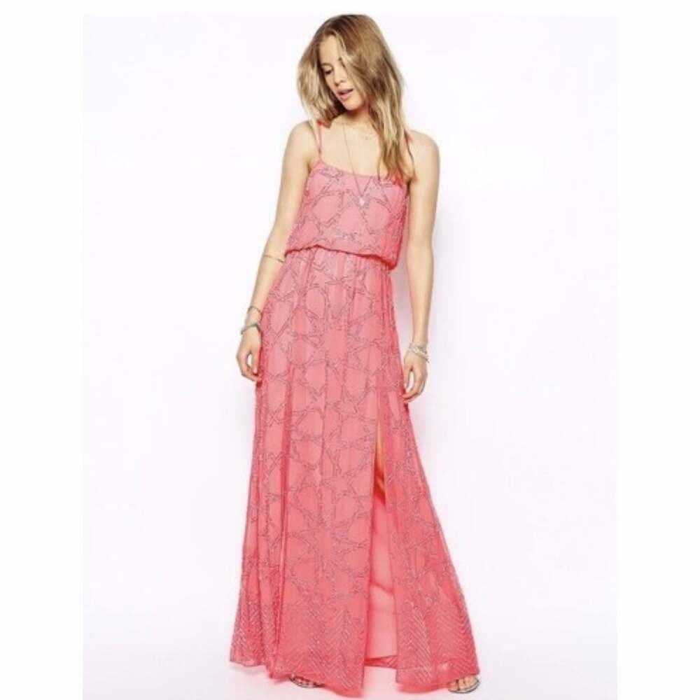 Needle & Thread Constellation Beaded Blouson Front Slit Maxi Gown Hot Pink US 8